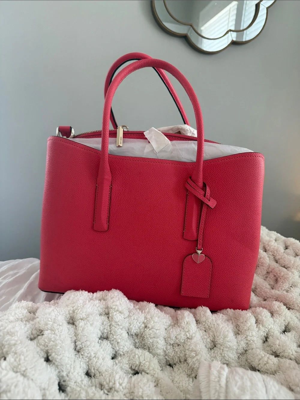 kate spade Bright Pink Pebbled Leather Satchel with Heart Tag